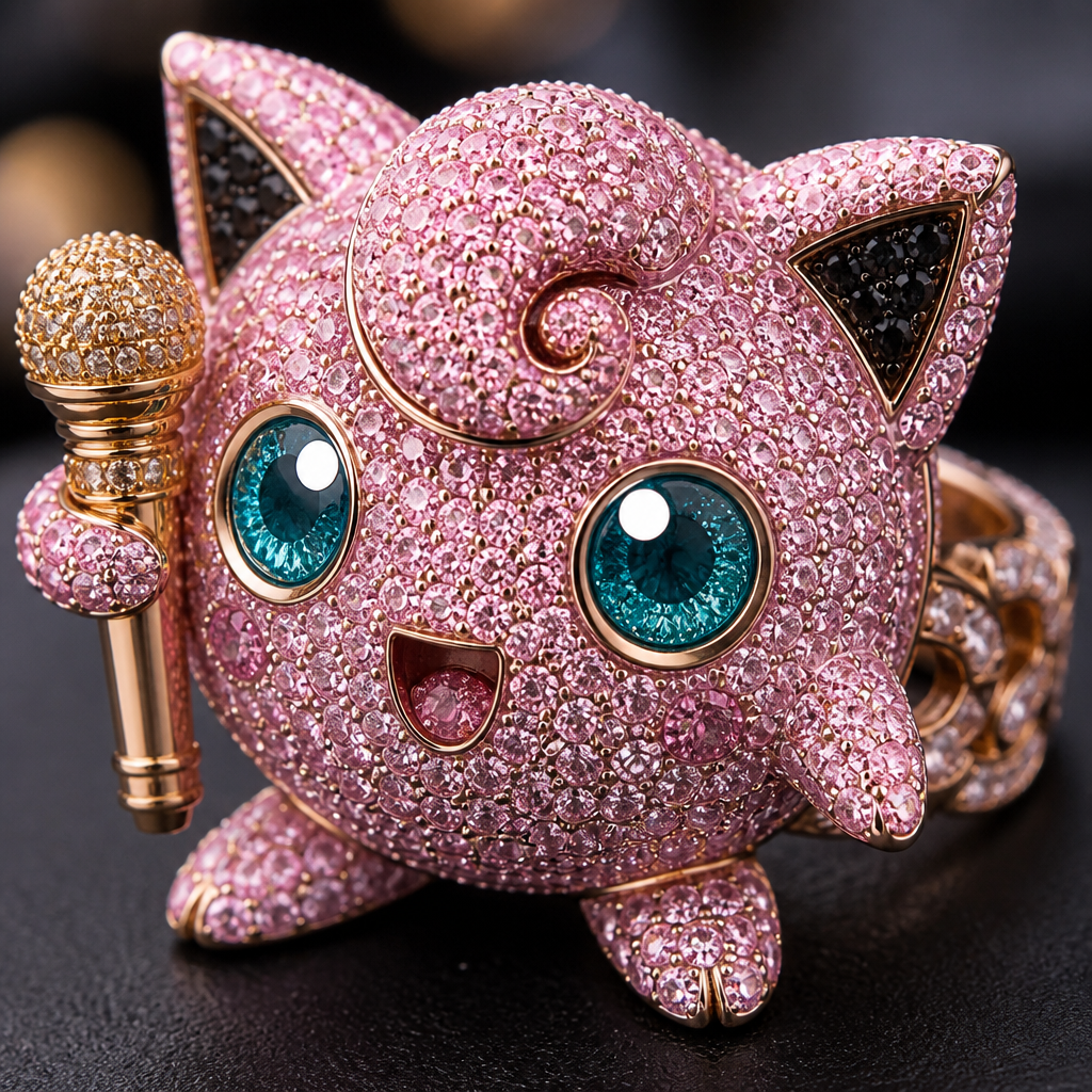 Make a high jewellery jiggly puff ring studded with pink diamonds with golden mic in her hand
photorealistic jewelry design, Make a high jewellery jiggly puff ring studded with pink diamonds with golden mic in her hand
, just the design no text