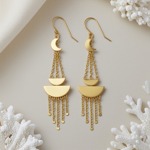 Длинные серьги золотые матовые с несколькими цепочками на каждой цепочке маленький полумесяц и полная луна 