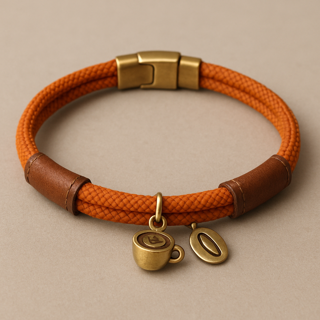 “Design a luxurious and elegant unisex bracelet that features a vibrant orange cord as the main material, enriched with high-quality brown leather elements. Add subtle, refined coffee-themed details (such as tiny coffee beans, coffee cup charms, or engraved motifs) to give it a sophisticated and unique touch. The design should be minimal yet stylish, with excellent craftsmanship, making it suitable for both men and women. Emphasize balanced proportions, premium textures, and a modern, chic aesthetic. Showcase the bracelet on a neutral background with soft lighting to highlight its details and materials.”
