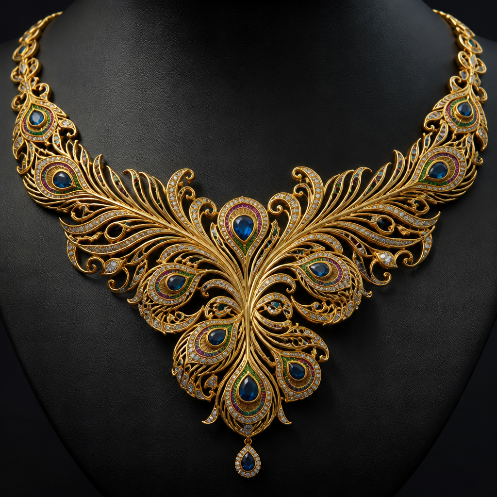 Create a masterpiece 22K gold necklace inspired by peacock feathers. Flowing feather patterns should spread elegantly across the neckline with intricate cutwork, diamond highlights, and colorful gemstone accents. Rich, artistic, and uniquely Indian while remaining modern and luxurious. Photorealistic 4K jewelry render.”
photorealistic jewelry design, Create a masterpiece 22K gold necklace inspired by peacock feathers. Flowing feather patterns should spread elegantly across the neckline with intricate cutwork, diamond highlights, and colorful gemstone accents. Rich, artistic, and uniquely Indian while remaining modern and luxurious. Photorealistic 4K jewelry render.”, byzantine style, just the design no text