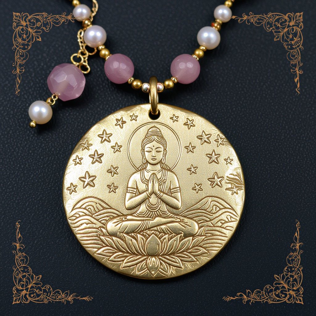 Кулон на длинной цепочке. Матовое светлое золото. В цепочке небольшие золотые шарики и камушки розового необработанного кварца и жемчуга. Кулон в форме неровного мятого круга. На круге изображена девушка с длинными волосами лица не видно в молитве и позе лотоса нечетко. Круг украшен лотосами звездами волнами узорами