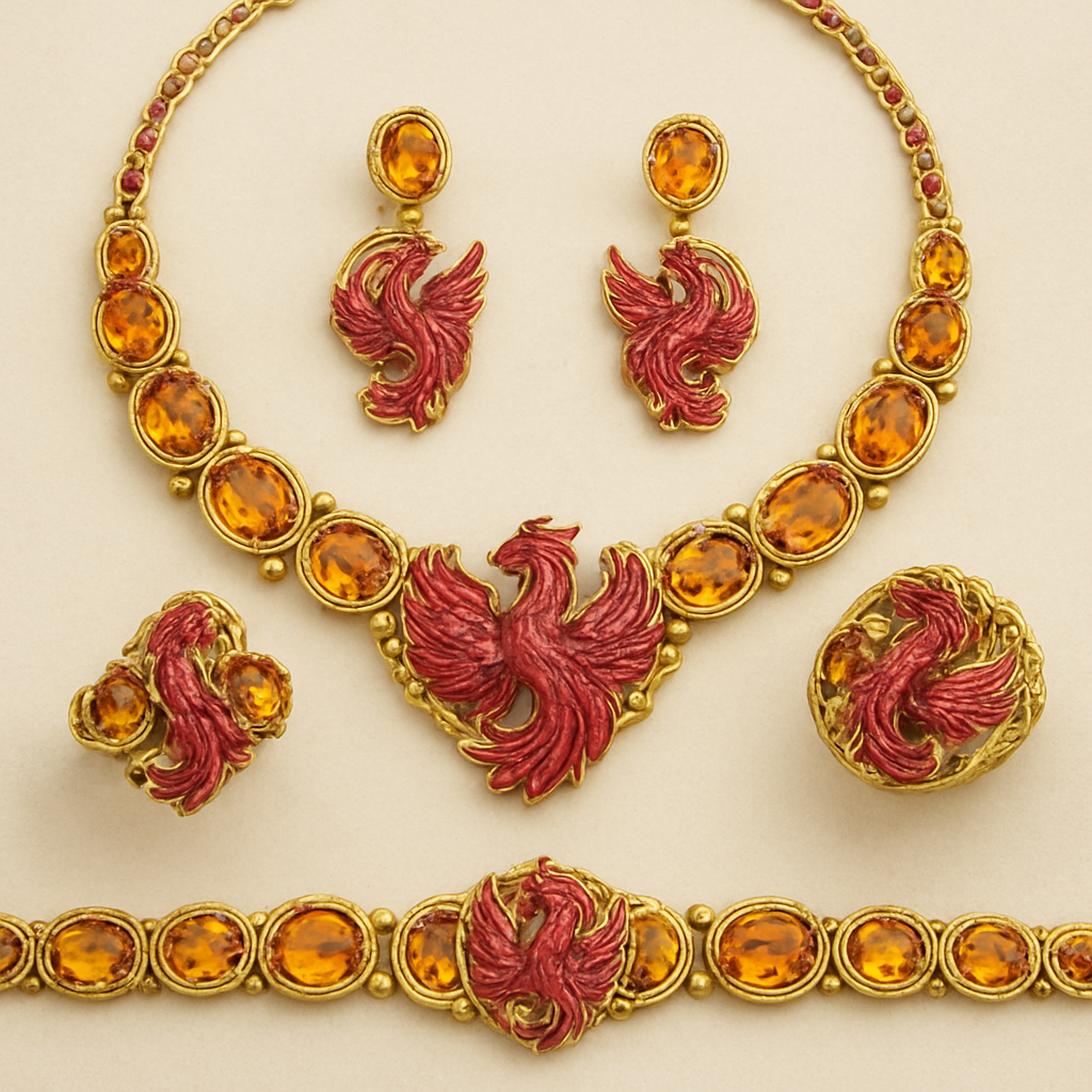 A full Ruby jewelry set including bracelet, earrings and rings with at least 10 citrine and topaz inlays with phoenix themes and an omega necklace