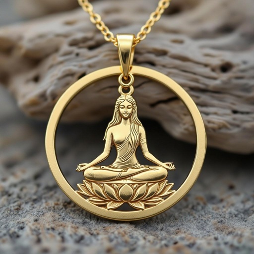 Золотой кулон в виде неровного круга в круге выгравирована женщина с длинными волосами в позе лотоса