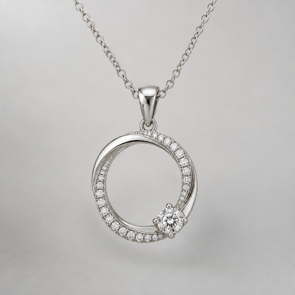 A modern women's pendant made of white gold with diamond stones suitable for daily wear. cost 300$, circle design,
photorealistic jewelry design, A modern women's pendant made of white gold with diamond stones suitable for daily wear. cost 300$, circle design,, modern style, just the design no text