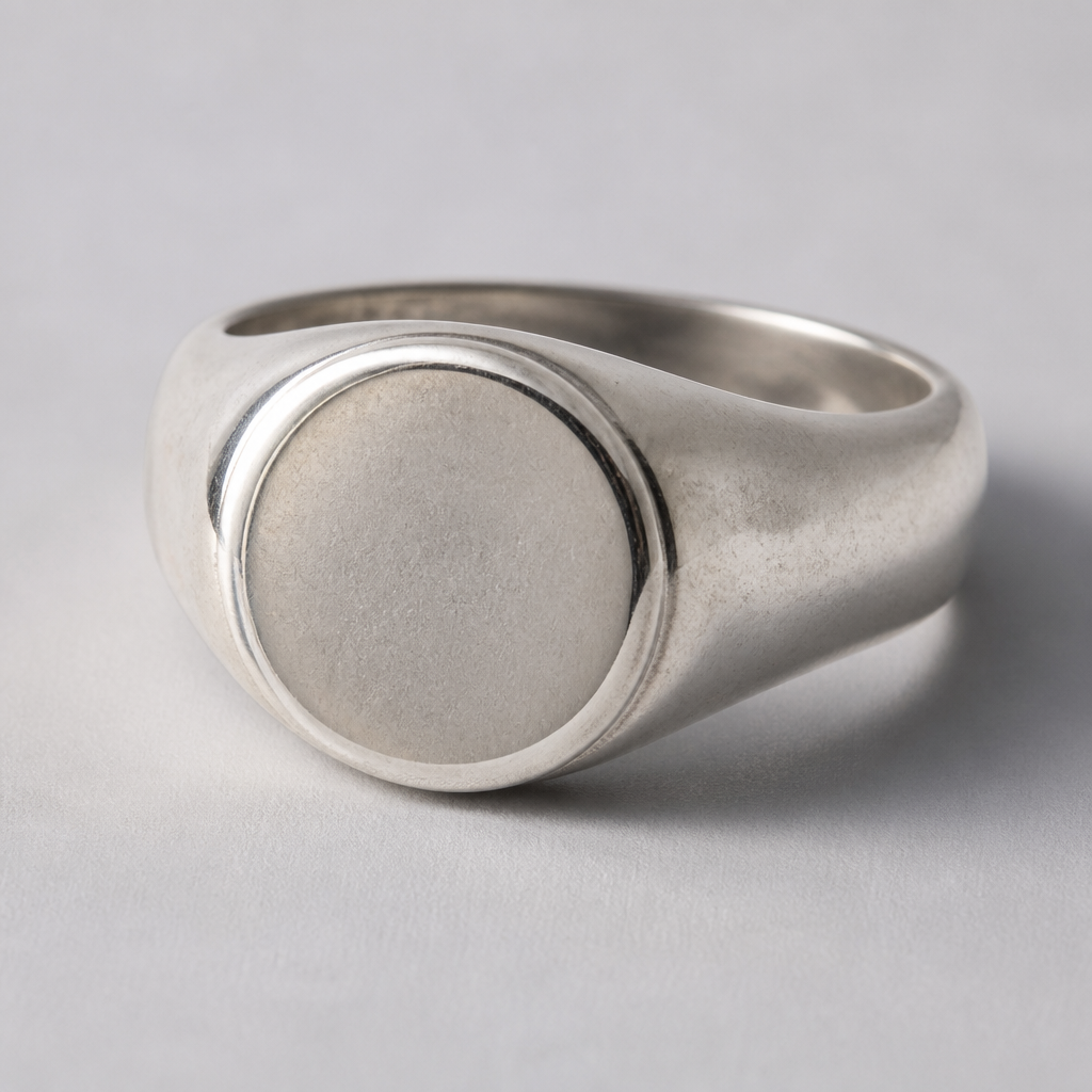 A classic oval signet ring for men, heritage style, sterling silver 925. Round bezel, perfectly circular flat face. Thick substantial band, smooth clean edges, flush bezel. Handcrafted feel, slightly imperfect, masculine weight. Timeless, steady, refined. No stones, no decoration, pure silver form. Studio lighting, neutral background, photorealistic render.
Heritage jewelry: Classic oval signet ring for men, sterling silver 925. Raised bezel, circular flat face. Thick band, polished edges. Heritage style, slightly imperfect, masculine weight. Timeless, refined. No stones, no decoration. Studio lighting, neutral background, photorealistic.