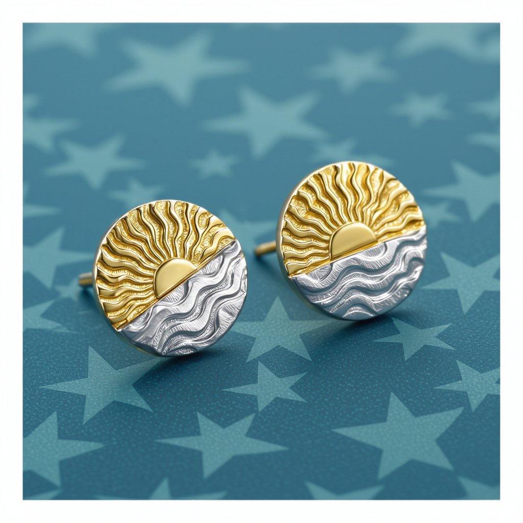 Золотые серьги полукруг половинка горящего солнца мятое неровное золото лучи волнистые другая половинка круга серебряная 