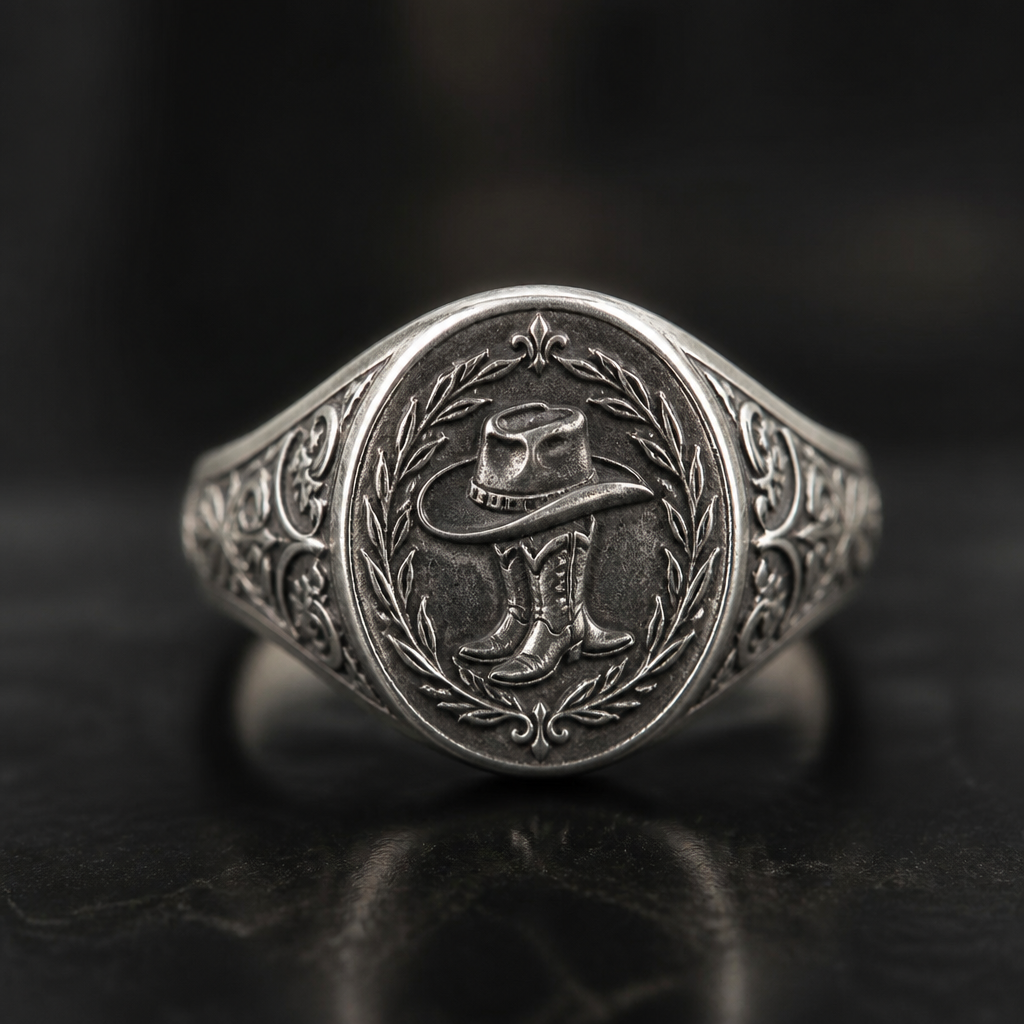 Crest a ring that has urban cowboy written small
photorealistic jewelry design, Crest a ring that has urban cowboy written small, vintage style, just the design no text