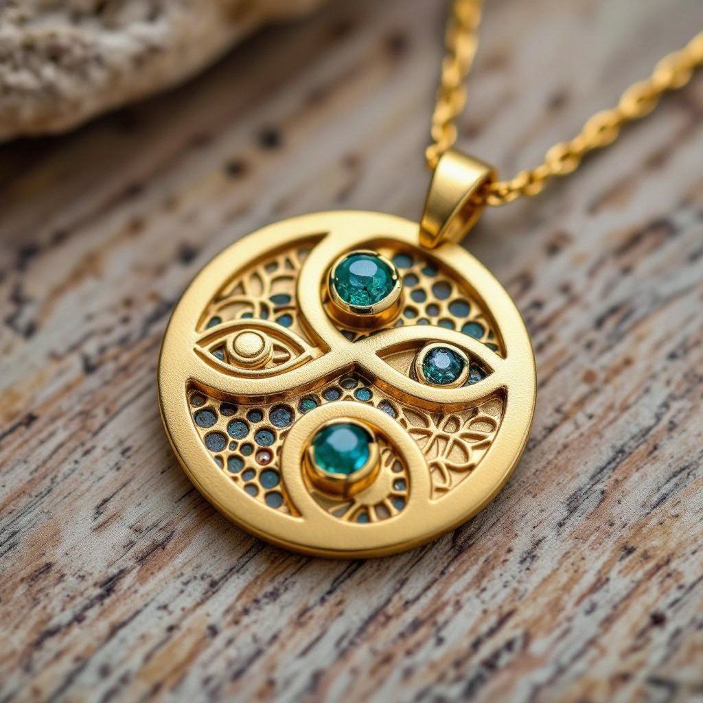 Подвеска из матового золота с узорами и мелкими необработанными матовыми камнями в форме двух пересекающихся окружностей и глаза между ними