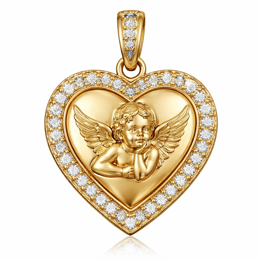 Gold heart pendant with angel cherub on surface and Pavé diamond border around heart
Gold heart pendant with angel cherub on surface and Pavé diamond border around heart , bespoke style