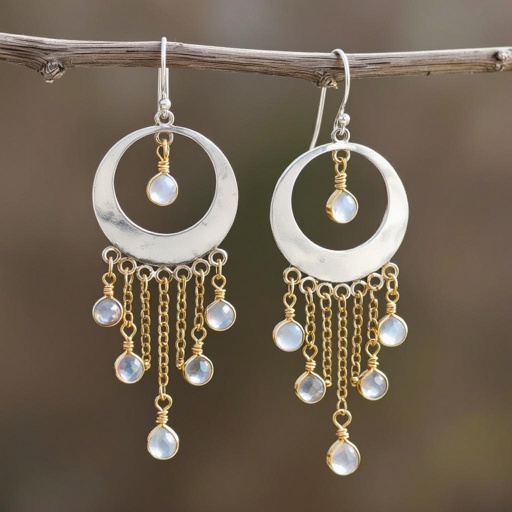 Серебряные серьги словно мятое серебро полумесяц вертикальный 2 см, сверху крепится к швензе. От полумесяца идет три цепочки золотого цвета, у каждой на конце мелкий камушек лунный камень