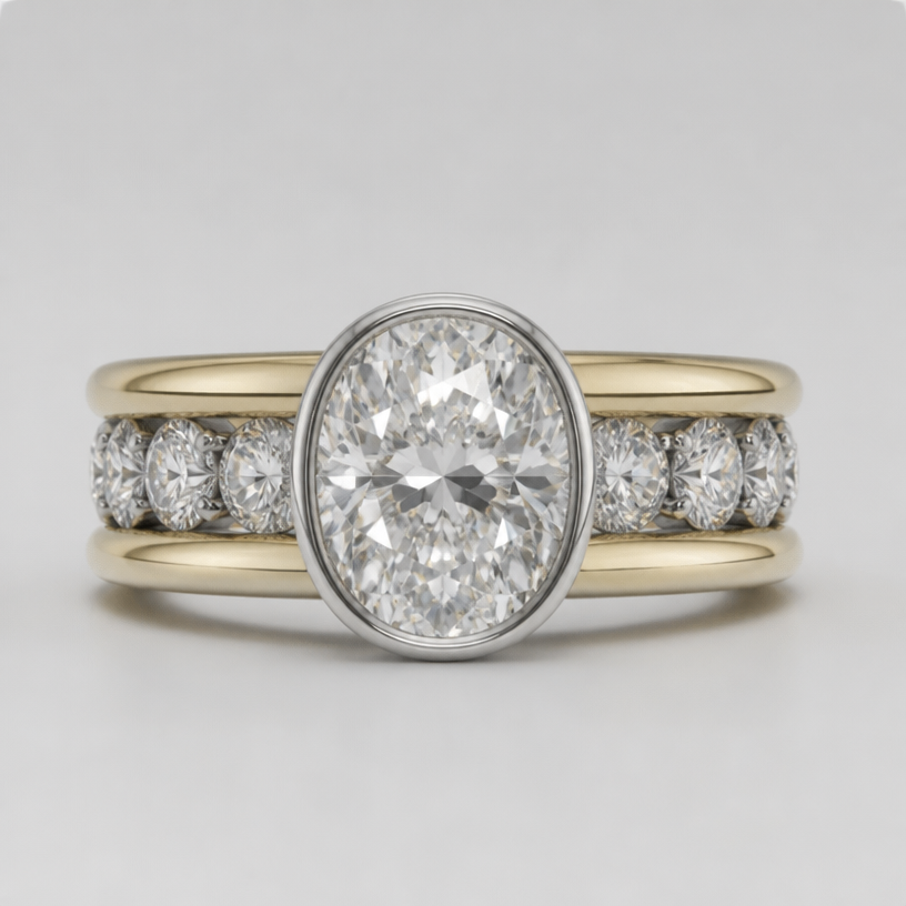 A women's ring. 10ct oval diamond
platinum closed basket
1.5 14k gold band each
3mm round accent stones
euro shank
comfort style
using the attached image as a visual reference, create A women's ring. 10ct oval diamond
platinum closed basket
1.5 14k gold band each
3mm round accent stones
euro shank
comfort style. photorealistic, just the design no text