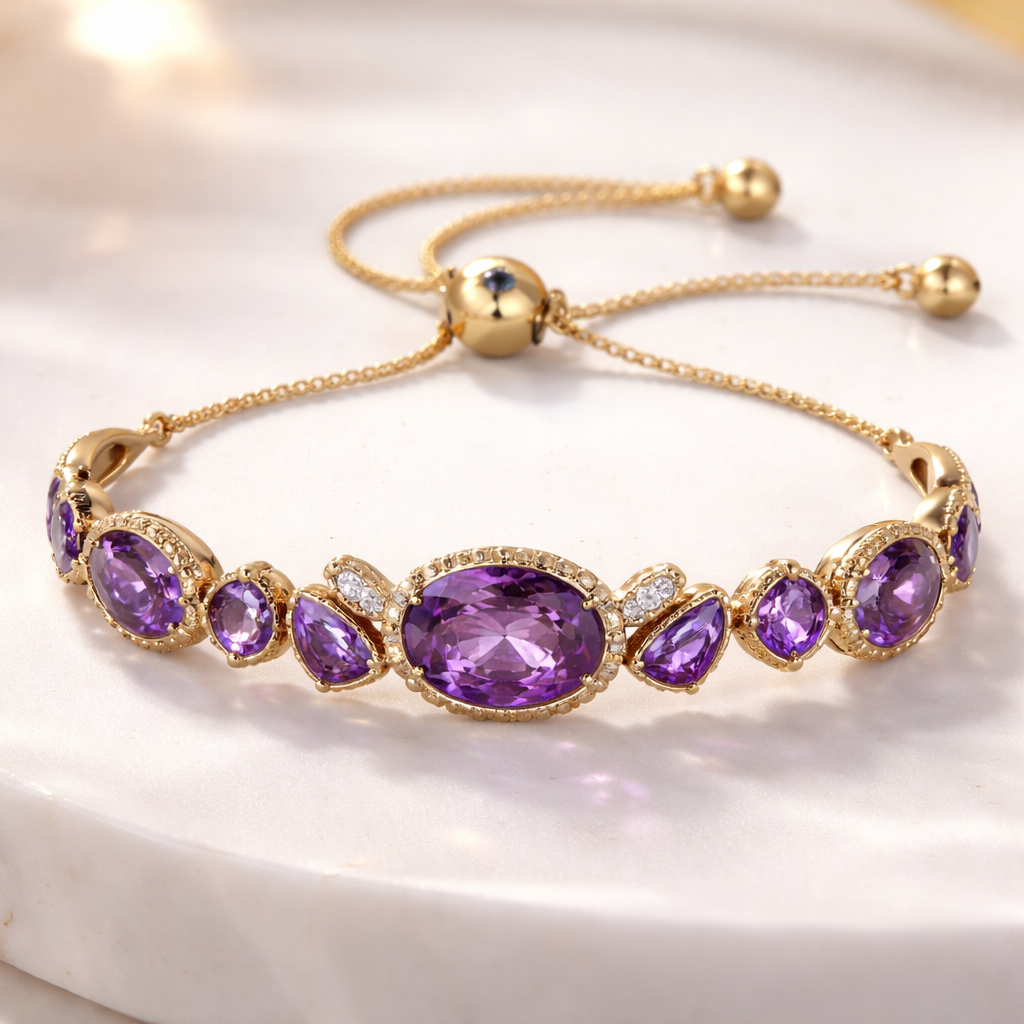 Gold adjustable bracelet with amethysts for Brahmin