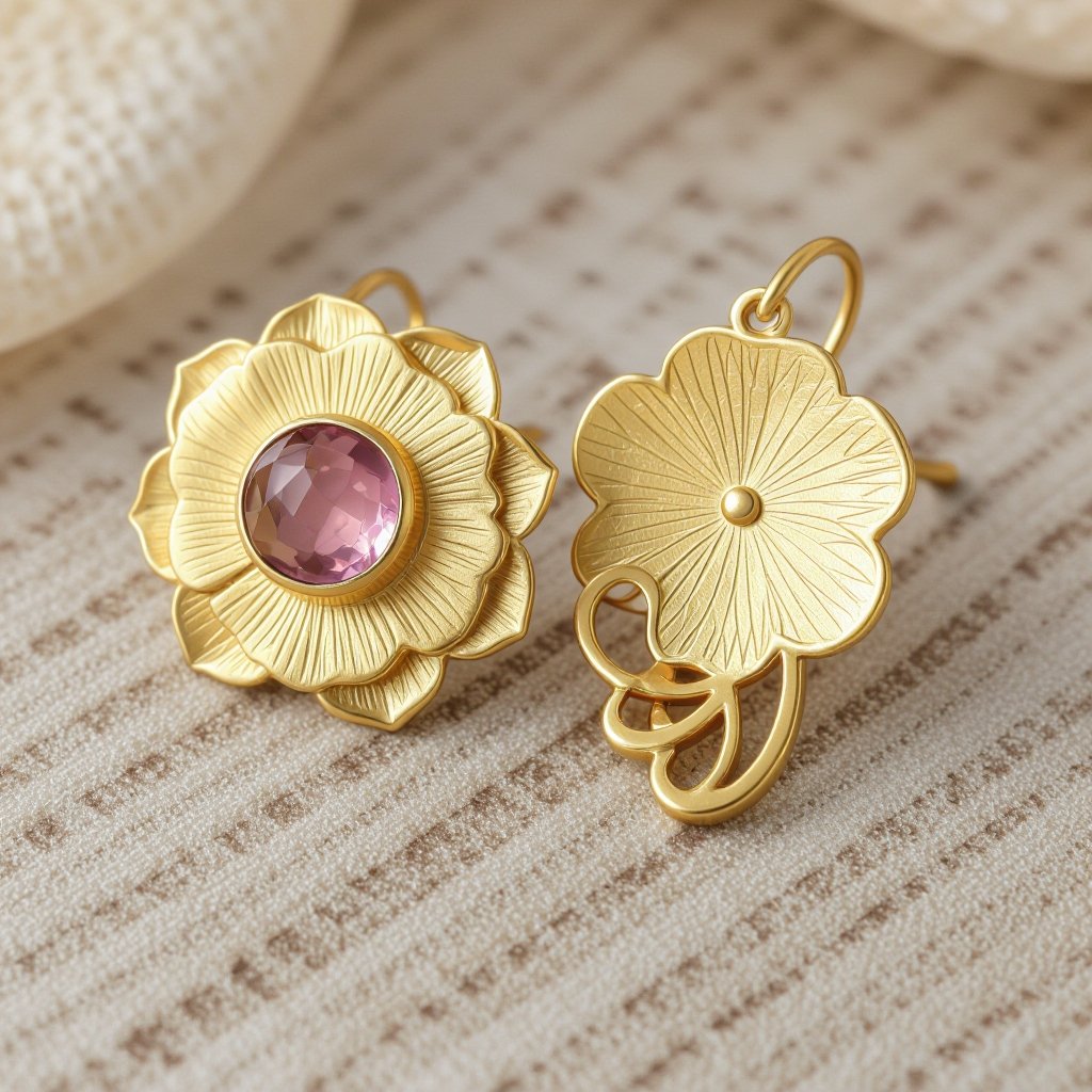Gold-colored matte ring earrings. Diameter 1 cm. A flat lotus pendant with 6 petals. Pink quartz in the center of the lotus