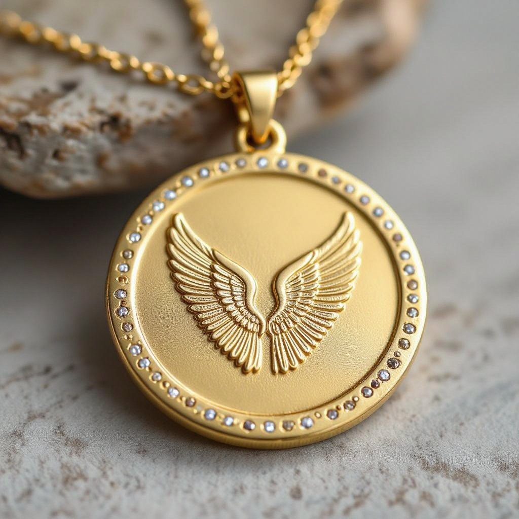Золотой матовый медальон в форме круга с неровными краями. По краям выпуклые точки сплошной линией. На круге выгравирован ангел без фигуры, видно только крылья и украшен миниатюрными камнями