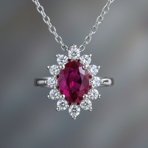 7x5mm oval pigeon blood ruby with 8 marquis cut diamonds each .08ct set in white gold pendant 