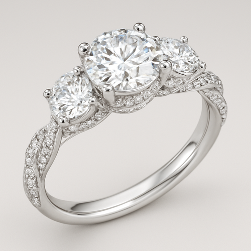 Elegant platinum 4 carat tw 3 stone ring with  hidden halo and pave twisted band