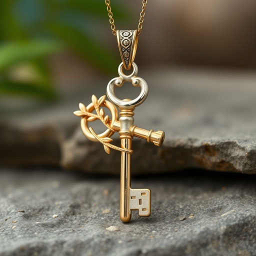 Old skeleton key shape gold and silver tones with olive branch turning on leg and keffieh print on the tip