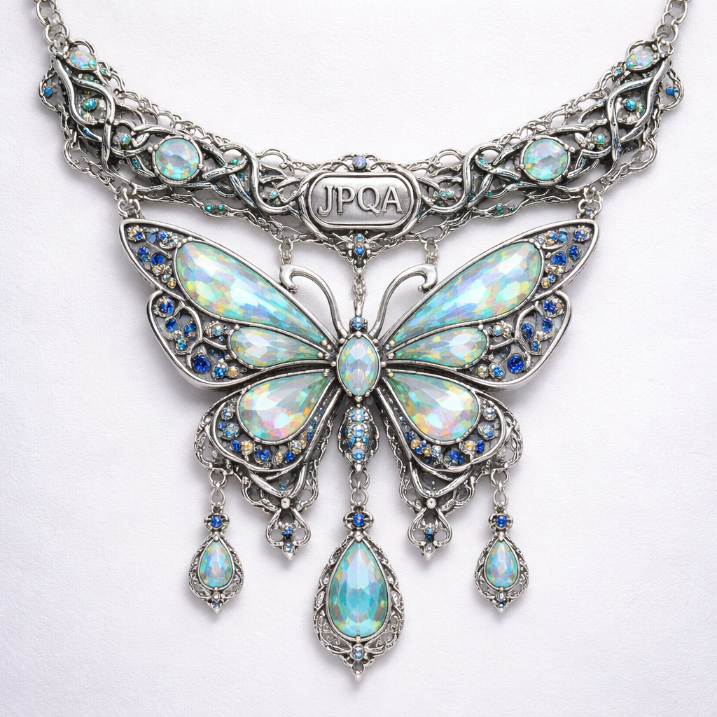 A celtic women's necklace made of silver with opal stones suitable for birthday. que sea una joya única con una mariposa y t nga demaciado detalles y en el aro que tenga JPQA