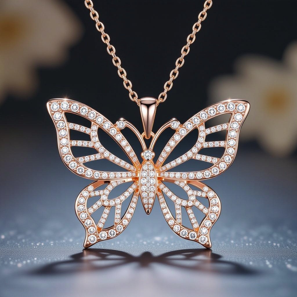 A rose gold necklace enhanced with diamonds of butterfly