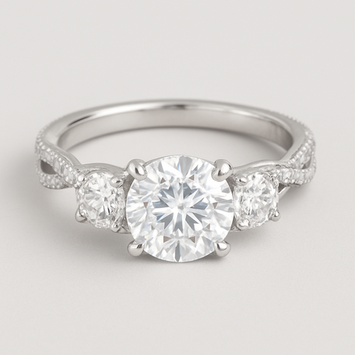 3 stone 4.5 carat wedding ring with twisted pave band and hidden halo