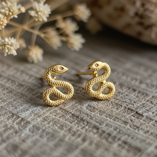 Небольшие золотые матовые серьги в виде символической змеи