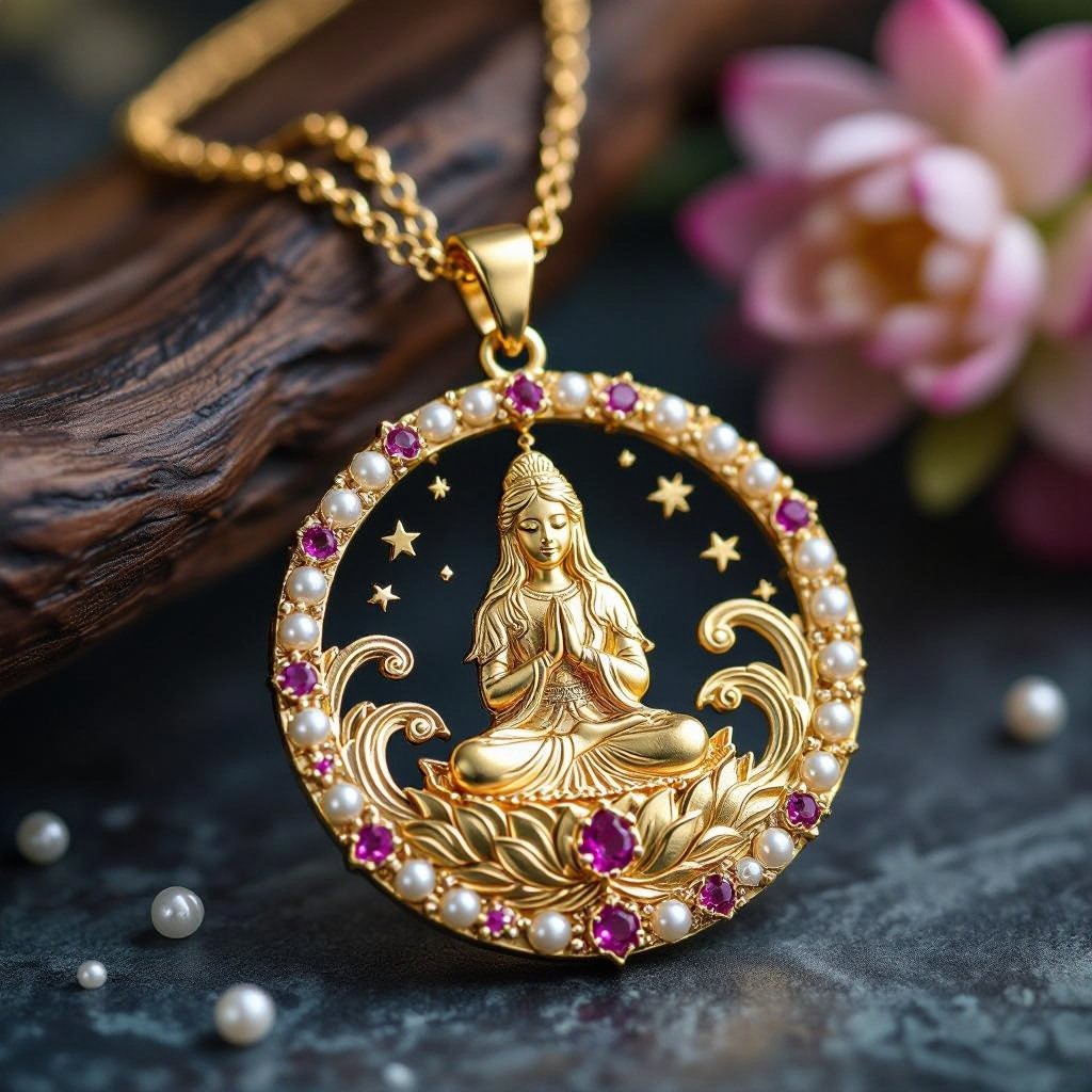 Кулон на длинной цепочке. Матовое светлое золото. В цепочке небольшие золотые шарики и розовые камушки и жемчуга. Кулон в форме неровного мятого круга. На круге изображена девушка с длинными волосами лица не видно в молитве и позе лотоса нечетко. Круг украшен лотосами звездами волнами узорами