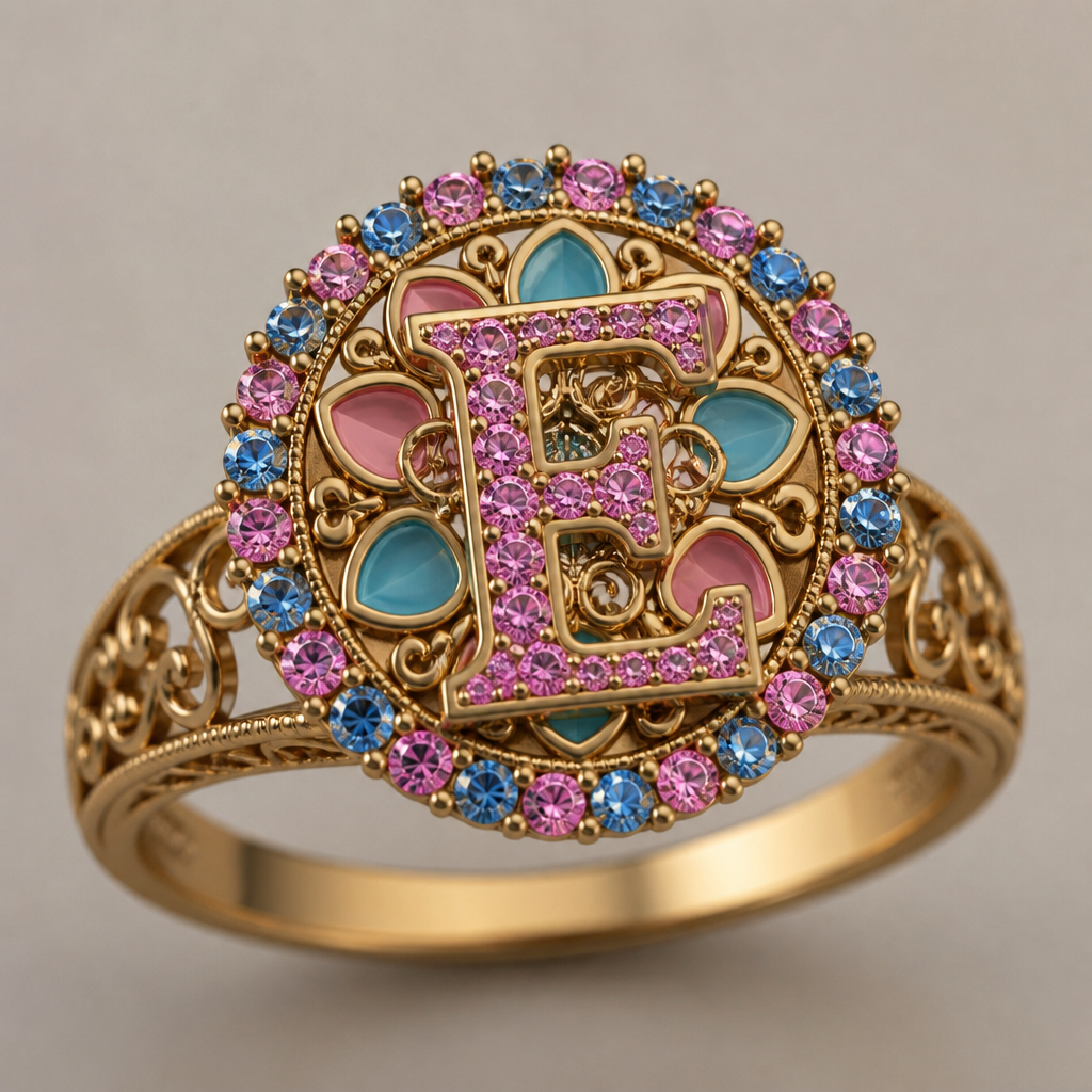 A ethnic women's ring. anel de 15 anos com inicial E com pedras rosa dentro com azul e rosa em volta
photorealistic jewelry design, A ethnic women's ring. anel de 15 anos com inicial E com pedras rosa dentro com azul e rosa em volta, ethnic style, just the design no text