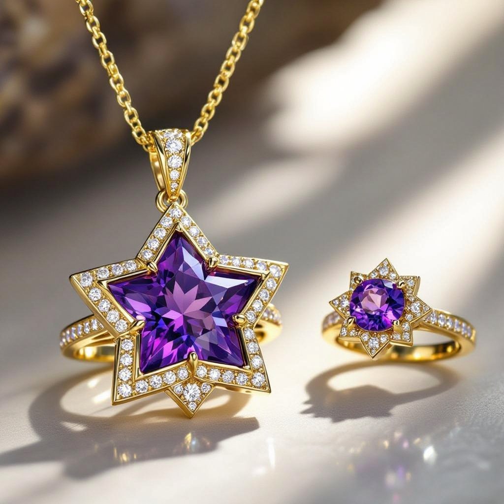 Geomatric architecture star pendant and ring set that's representing architecture and eddy style and modern voulume of diamonds and stones 