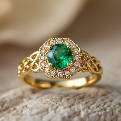 Anillo en oro con esmeralda trapiche redonda y diamantes al rededor que forme un hexágono en el metal