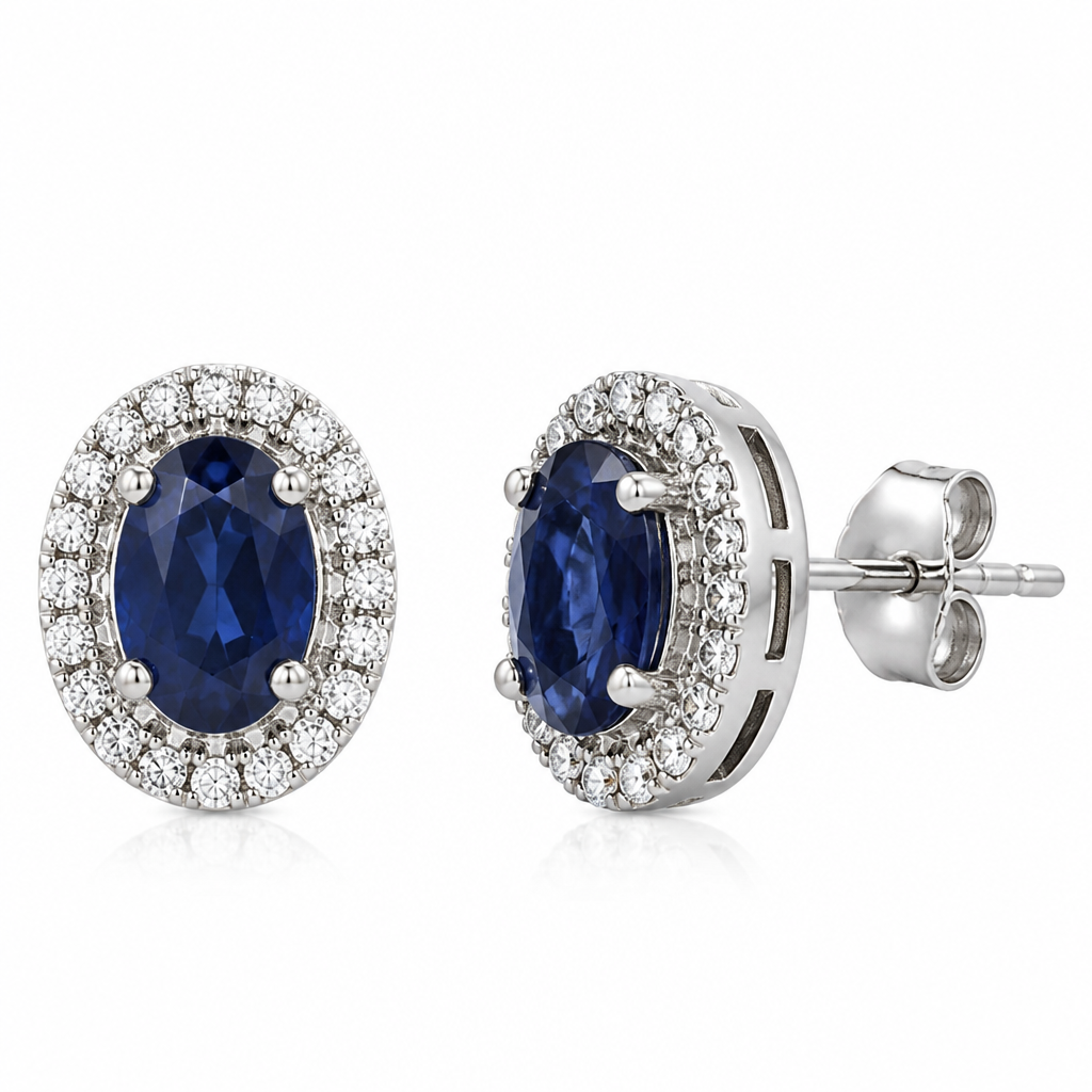 A women's earrings made of white gold with sapphire stones. 9k white gold halo earring.7mm x 5mm oval sapphire in the center
44 of 1.4mm diamonds used in the halo.
photorealistic jewelry design, A women's earrings made of white gold with sapphire stones. 9k white gold halo earring.7mm x 5mm oval sapphire in the center
44 of 1.4mm diamonds used in the halo., modern style, just the design no text