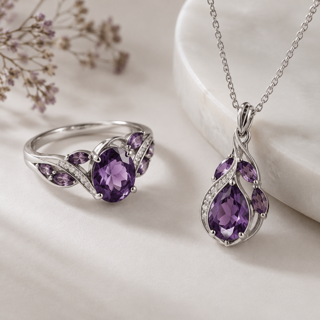 A modern women's ring made of silver with amethyst stones suitable for gift. Necklace
photorealistic jewelry design, A modern women's ring made of silver with amethyst stones suitable for gift. Necklace, modern style, just the design no text