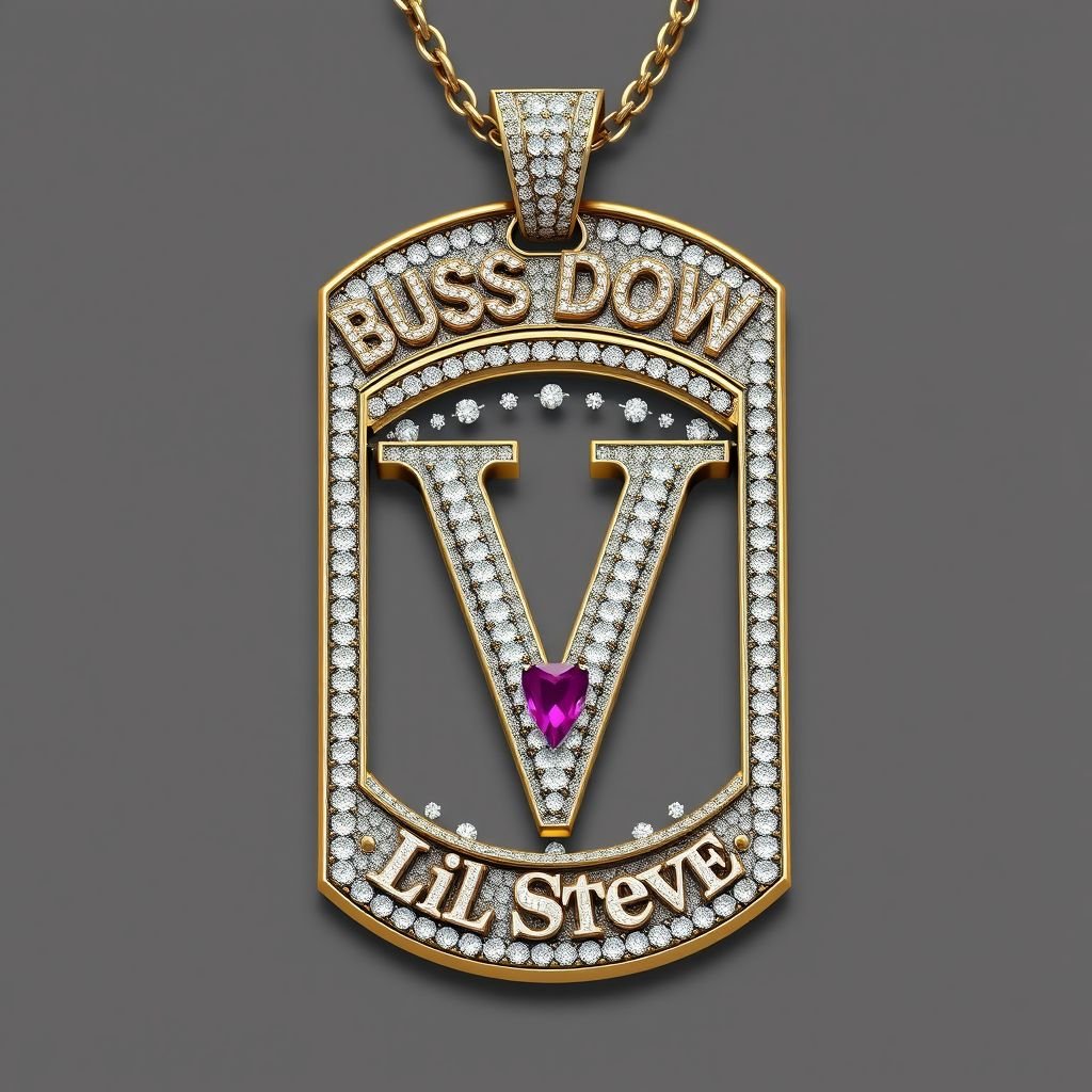 Dog tag Buss down pendant one way at the top and lil Steve at the bottom biggest V in the middle