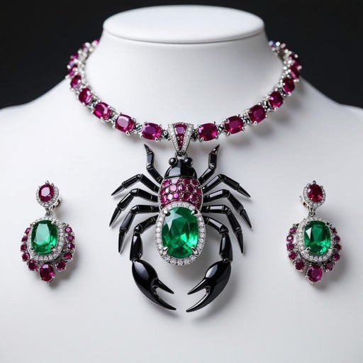 Creating completed set of Geomatric scorpion pendant of white and bkack and rubies diamonds gold accents for contrast. Incorporate a single, oval-cut gemstone-perhaps a striking emerald-set at an unconventional angle, creating a bold focal point that exudes contemporary elegance and sophistication. Envision a striking geometric scorpion pendant, intricately crafted with sharp angles in a combination of matte black and lustrous white metals. Accentuated with glittering ruby diamonds, the design features a single oval-cut emerald, expertly set at a daring tilt. This captivating piece marries edgy modernity with timeless elegance, perfect for bold fashion statements.The diamond is elegantly set in a sleek, minimalist rose gold frame that accentuates its brilliance. The modern aesthetic is enhanced with clean lines and asymmetry, making it a striking statement piece for the avant-garde wearer.