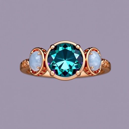 A simple rose gold engagement ring set with a circular alexandrite. Also set with a small half moon blue chalcedony on one side right next to it, and a small half moon moonstone set on the other side right next to it. On the inside of the band, it has an inscription reading, “Tuum. Et in hac vita et in altera.”