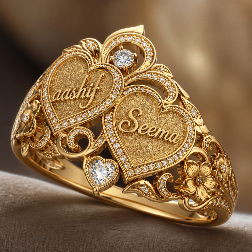 A romantic women's ring made of gold suitable for formal, highly ornate, intricate and elaborate, richly detailed. add the name aashif and Seema in that jewelry
photorealistic jewelry design, A romantic women's ring made of gold suitable for formal, highly ornate, intricate and elaborate, richly detailed. add the name aashif and Seema in that jewelry, romantic style, just the design no text