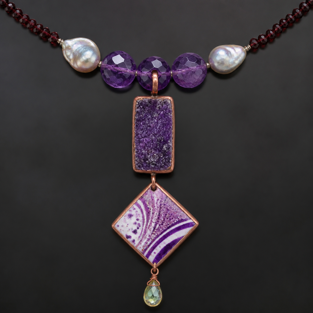 A women's ring. create a necklace with a pendant that has a rectangular druzy amethyst with a copper enameled square that's hung diagonally below that that has an abstract enameled pattern of some speckles and some lines in white and different purples and lavenders, and a tiny teardrop that is translucent peridot color with AB coating. the pendant is hanging from some agatized faceted amethyst beads about 14 mm followed by some similar sized blister pearls followed by very fine faceted Garnet beads
photorealistic jewelry design, A women's ring. create a necklace with a pendant that has a rectangular druzy amethyst with a copper enameled square that's hung diagonally below that that has an abstract enameled pattern of some speckles and some lines in white and different purples and lavenders, and a tiny teardrop that is translucent peridot color with AB coating. the pendant is hanging from some agatized faceted amethyst beads about 14 mm followed by some similar sized blister pearls followed by very fine faceted Garnet beads, modern style, just the design no text