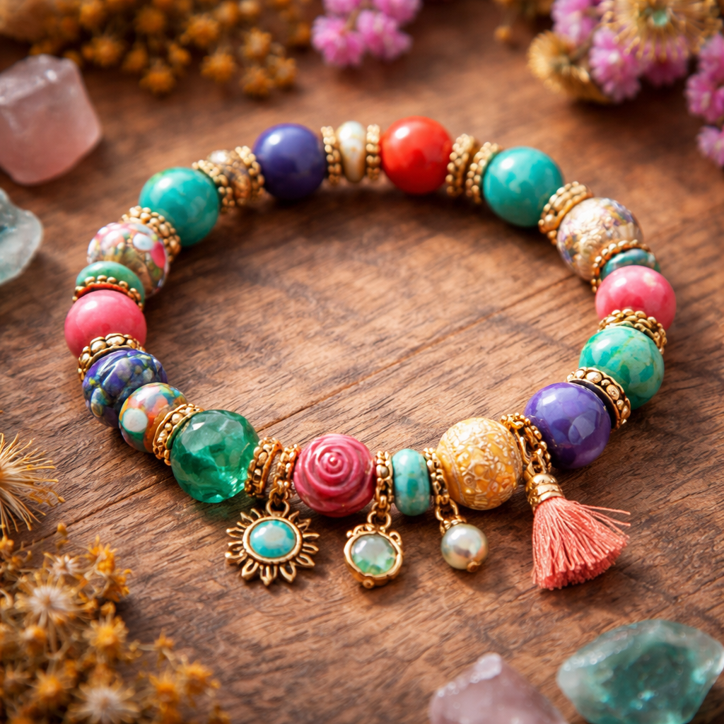 Stretchy bracelet using colourful beads