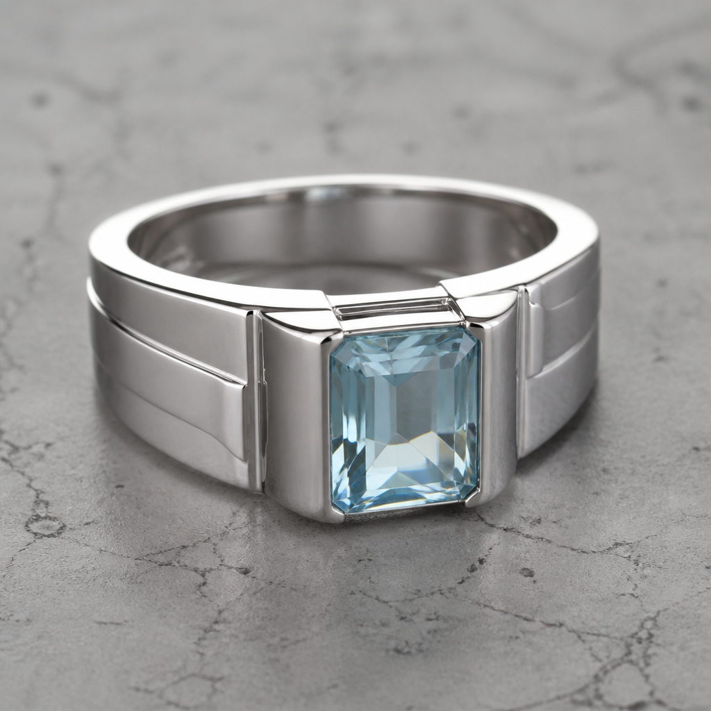 A modern men's ring made of white gold with aquamarine stones suitable for daily wear. quiero un anillo con un diseño moderno alrededor y con una gema aguamarina en el centro
photorealistic jewelry design, A modern men's ring made of white gold with aquamarine stones suitable for daily wear. quiero un anillo con un diseño moderno alrededor y con una gema aguamarina en el centro, modern style, just the design no text