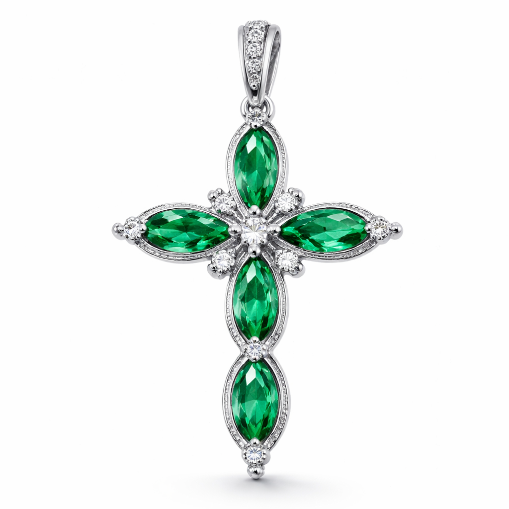 Marquise cut emerald white gold cross with a few diamonds accents