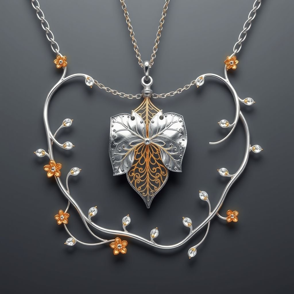 Silver golden necklace
Design an enchanting silver and gold necklace that intertwines flowing, delicate vines, symbolizing growth and connection. Each vine is adorned with tiny shimmering gemstones, representing blossoming flowers. The centerpiece features a captivating, handcrafted silver leaf, beautifully contrasted by intricate gold filigree, creating a harmonious blend of elegance and nature-inspired charm.
