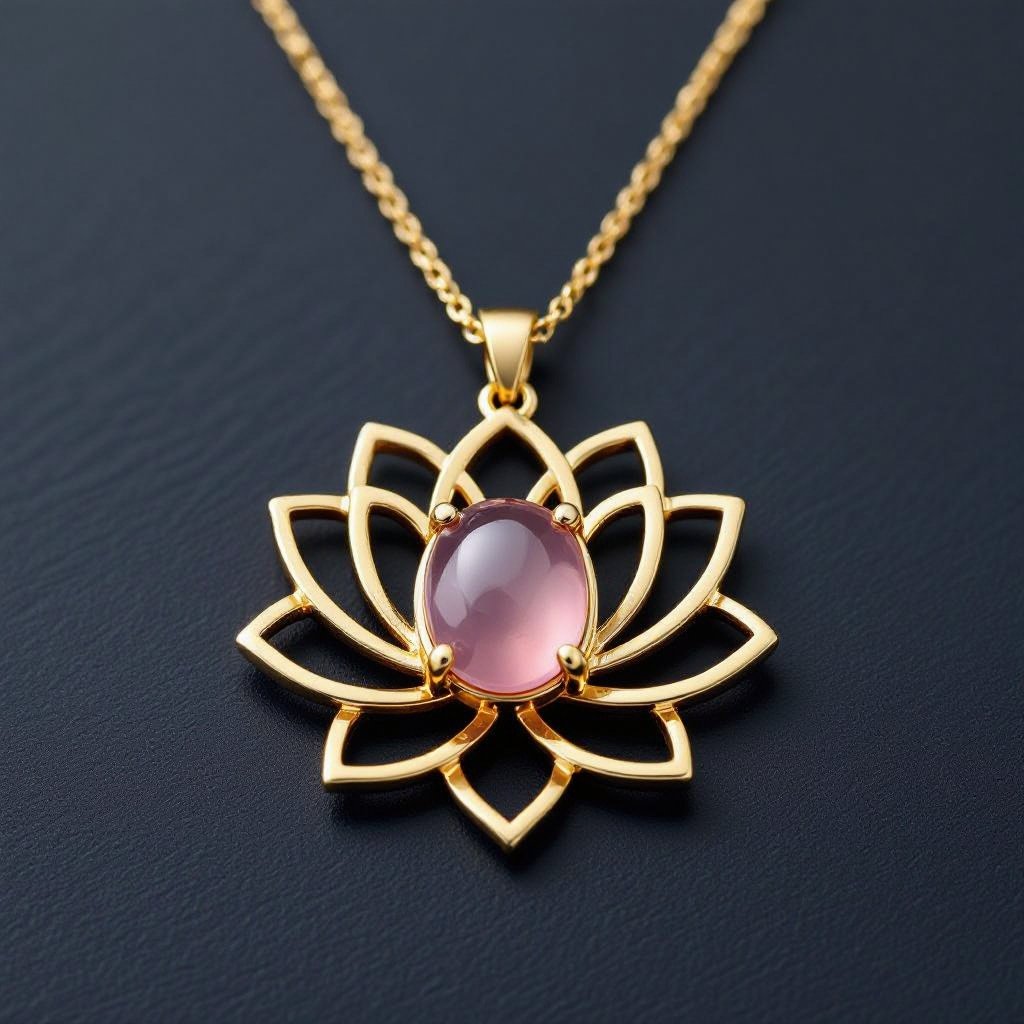 Золотая матовая цепочка. Подвеска матовая лотос шесть лепестков нижние лепестки крупнее верхних  не круглый . В сердце лотоса матовый розовый кварц овальный