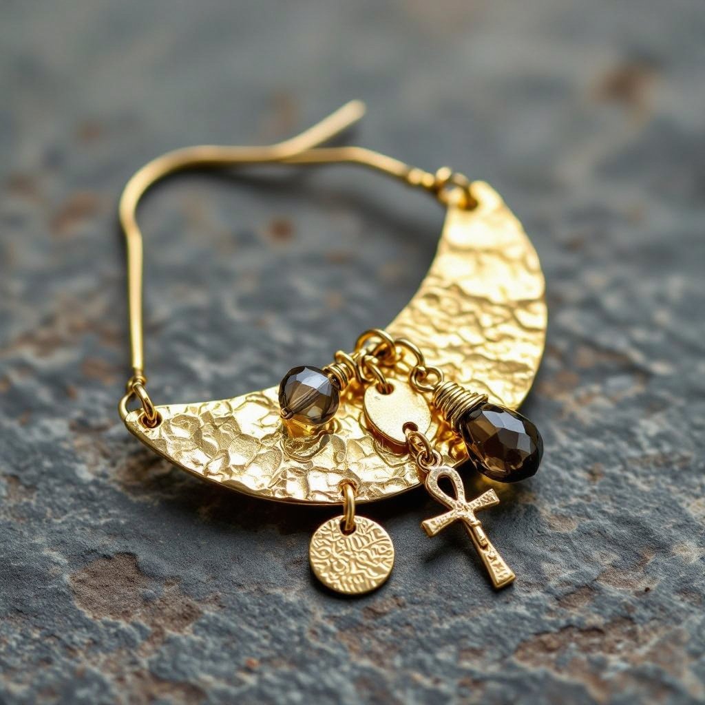 Золотые серьги словно мятое золото в форме узкого изящного полумесяца. Верхушка полумесяца крепится к застежке серьги. К нижней части полумесяца крепятся три подвески: миниатюрный золотой египетриский крест, очень маленький кристалл раухтопаза и маленький золотой кружочек с мятым эффектом плоский