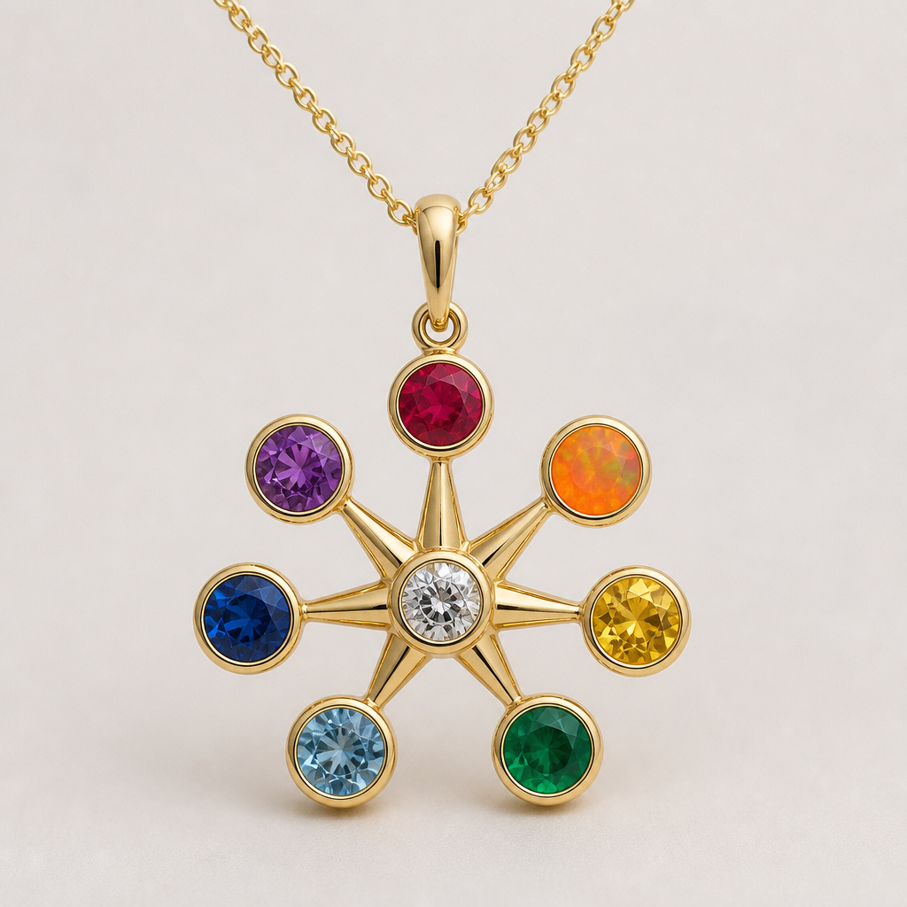 A pendant women's necklace made of gold with ruby and opal and topaz and emerald and aquamarine and sapphire and amethyst and diamond stones suitable for gift, minimalist, simple and delicate, clean lines. Pendentif en or en forme de soleil à sept branches ( dans le sens des aiguilles d'une montre) première branche un rubis, deuxième branche opale orange, troisième branche une topaze jaune, quatrième branche une émeraude, cinquième branche une aigue marine, sixième branche un saphir, septième une améthyste. Les pierres font 5mm de diamètre) et un diamant au milieu du pendentif.
photorealistic jewelry design, A pendant women's necklace made of gold with ruby and opal and topaz and emerald and aquamarine and sapphire and amethyst and diamond stones suitable for gift, minimalist, simple and delicate, clean lines. Pendentif en or en forme de soleil à sept branches ( dans le sens des aiguilles d'une montre) première branche un rubis, deuxième branche opale orange, troisième branche une topaze jaune, quatrième branche une émeraude, cinquième branche une aigue marine, sixième branche un saphir, septième une améthyste. Les pierres font 5mm de diamètre) et un diamant au milieu du pendentif., pendant style, just the design no text
