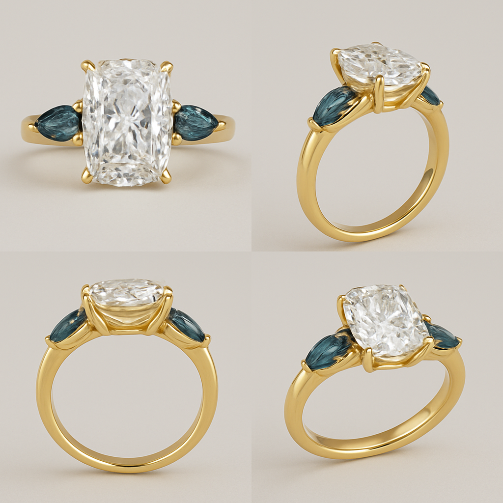 2 carat elongated cushion cut diamond with claw prongs and marquise alexandrite side stones set in a yellow flared shank from all angles 