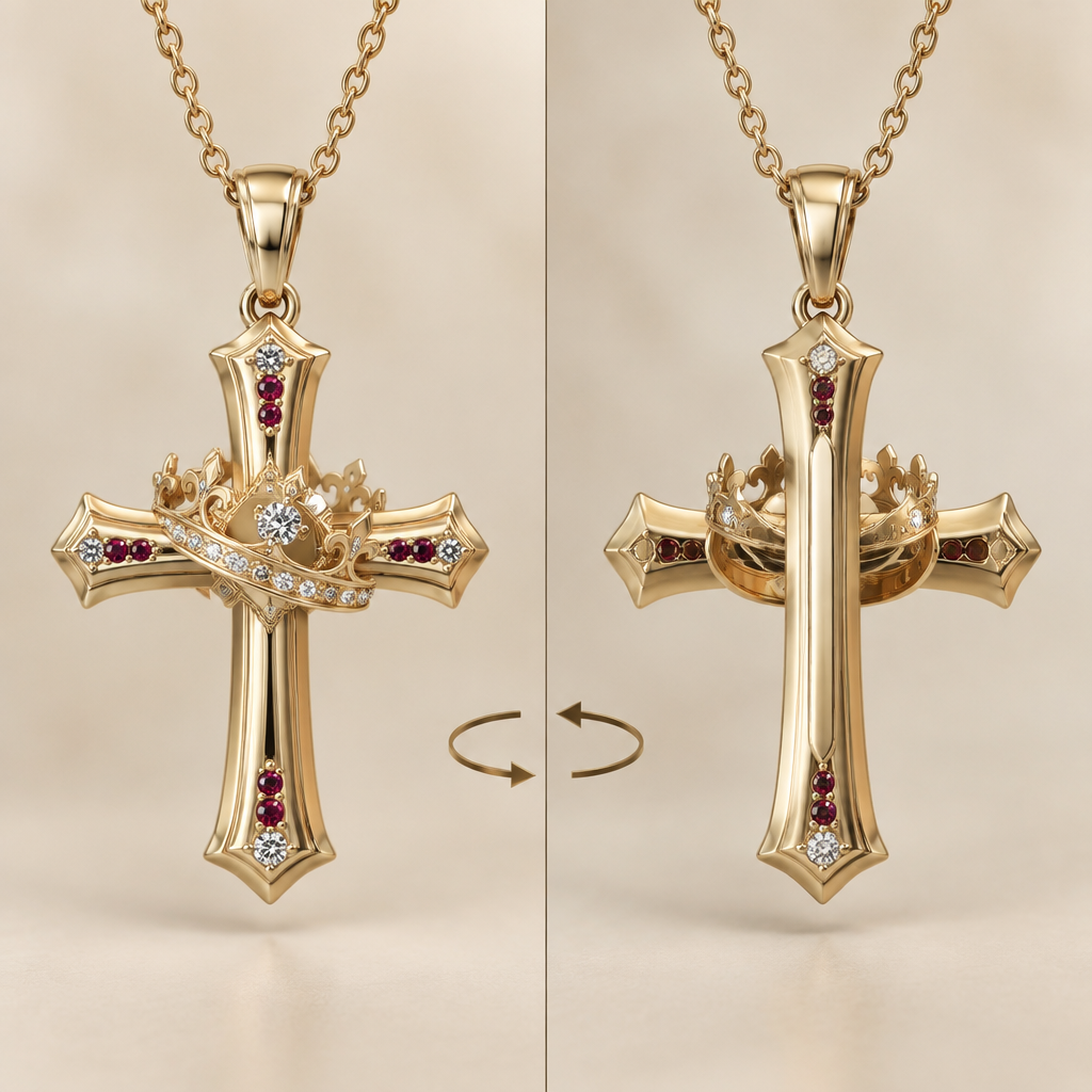 A women's ring. a gold cross necklace with a diamond in the middle and three little rubies in every point in a straight line they are very small, and a moveable gold crown on the cross with the words he is with you and little diamonds all around and it can spin. on the other side of the cross is the Bible verse 1 Peter 5:7
photorealistic jewelry design, A women's ring. a gold cross necklace with a diamond in the middle and three little rubies in every point in a straight line they are very small, and a moveable gold crown on the cross with the words he is with you and little diamonds all around and it can spin. on the other side of the cross is the Bible verse 1 Peter 5:7, modern style, just the design no text
