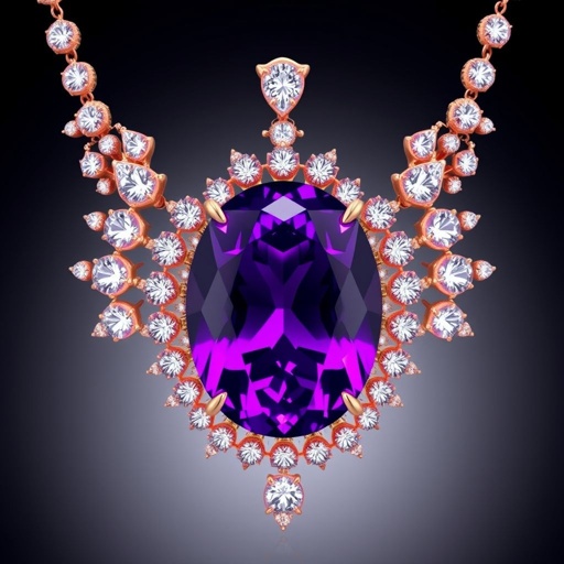 A 50 carat oval-cut purple amethyst gemstone, with 20 carat pink diamonds around it VS clarity necklace
