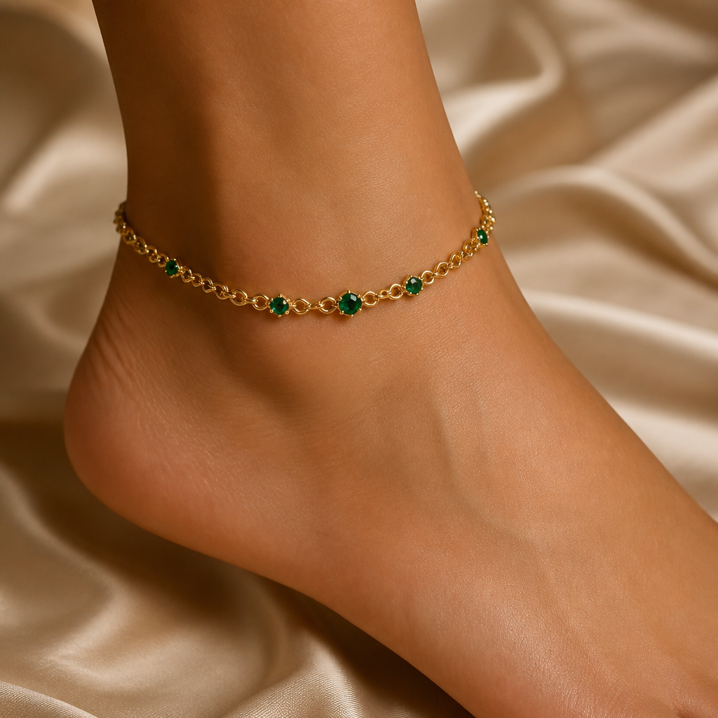A chain women's anklet made of gold with emerald stones suitable for anniversary
photorealistic jewelry design, A chain women's anklet made of gold with emerald stones suitable for anniversary, chain style, just the design no text
