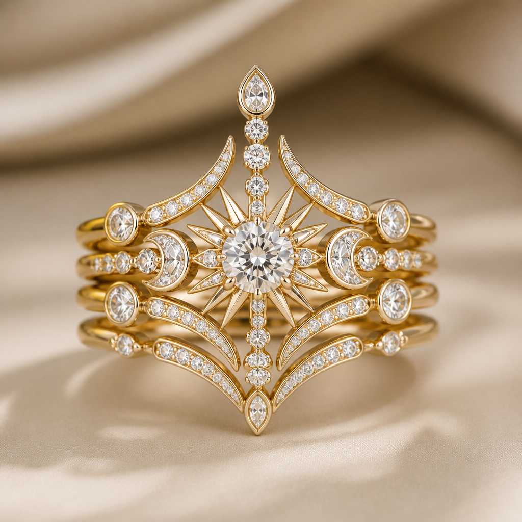 Design a very feminine diamond ring for a wedding ring and engagement multi stackable yellow, 14 carat gold that has
1 ct diamond
4 0.25 ct of diamonds
12 0.1 ct of diamonds
22 0.05 ct of diamonds
Center 1 ct diamond being the sun
4 0.25 ct being the moon
With a flare of royalty
photorealistic jewelry design, Design a very feminine diamond ring for a wedding ring and engagement multi stackable yellow, 14 carat gold that has
1 ct diamond
4 0.25 ct of diamonds
12 0.1 ct of diamonds
22 0.05 ct of diamonds
Center 1 ct diamond being the sun
4 0.25 ct being the moon
With a flare of royalty, egyptian style, just the design no text