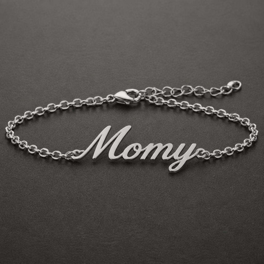 Un bracelet en argent avec le nom Momy c’est pour mon gars mais ne met pas le de symbole juste le nom Momy
photorealistic jewelry design, Un bracelet en argent avec le nom Momy c’est pour mon gars mais ne met pas le de symbole juste le nom Momy, just the design no text