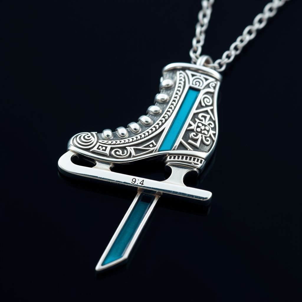 Silver Pendant shape one ice skate with turquoise stripe inside the low thin part blade 